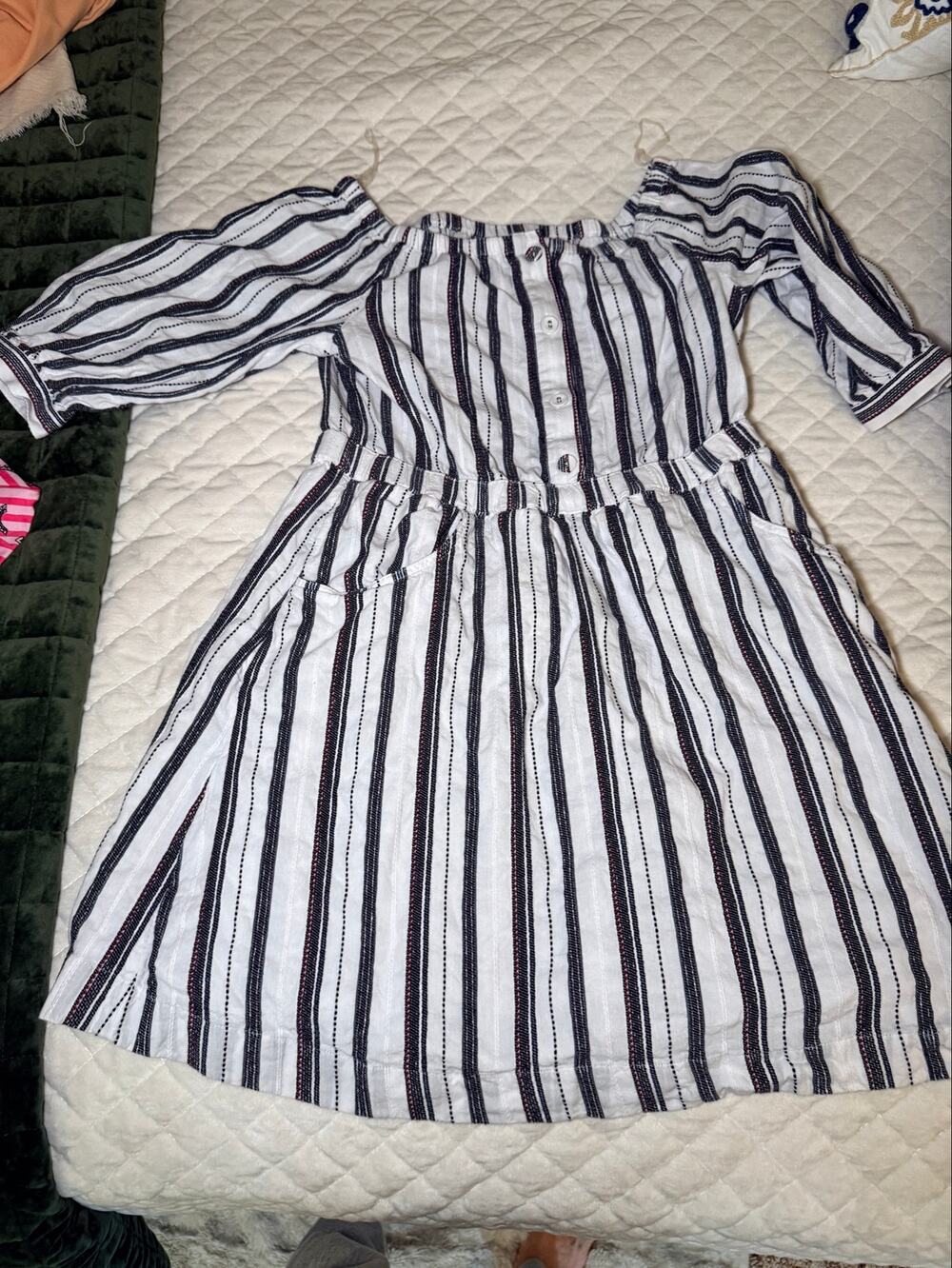 2000s Retro Off Shoulder Striped Midi Dress Cotton Medium Y2K